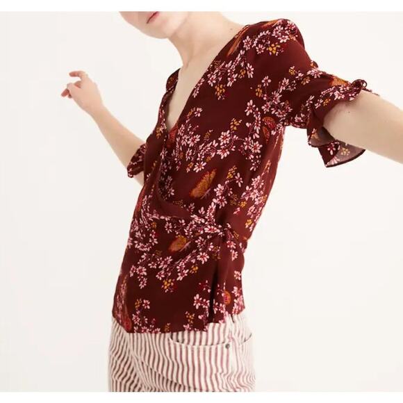 Madewell Tie-Sleeve‎ Wrap Top in Maroon Floral Butterfly Sanctuary Print, Size 2 - Picture 9 of 15